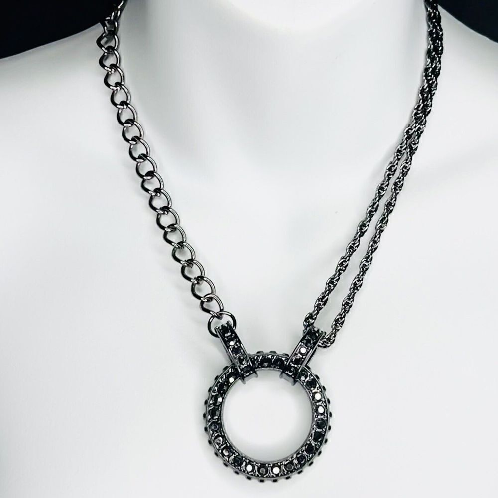 BEAUTIFUL Gun Metal Encrusted Hematite Bib Geometric Pendant Chain Necklace 4036